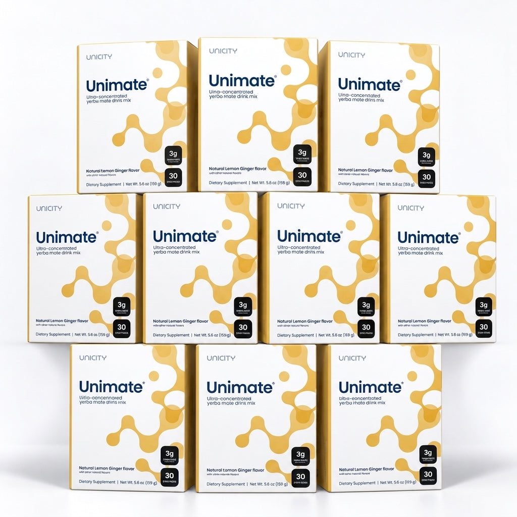 Unicity Unimate Concentrated Yerba Mate Drink Mix – Natural Lemon Ginger (10-Box Bulk Supply / 300 Stick Packs)