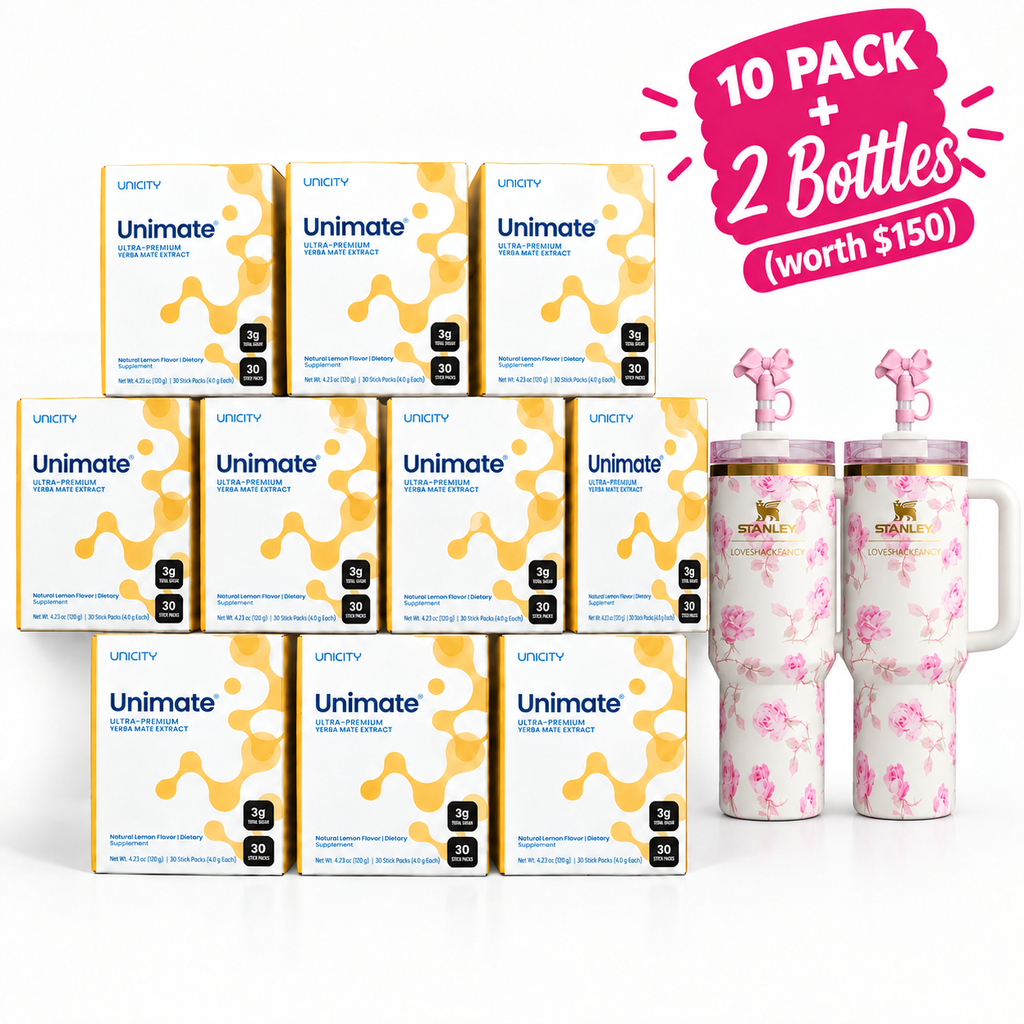 Unicity Unimate Concentrated Yerba Mate Drink Mix – Natural Lemon Ginger (10-Box Bulk Supply / 300 Stick Packs)+2Tumblers gift)