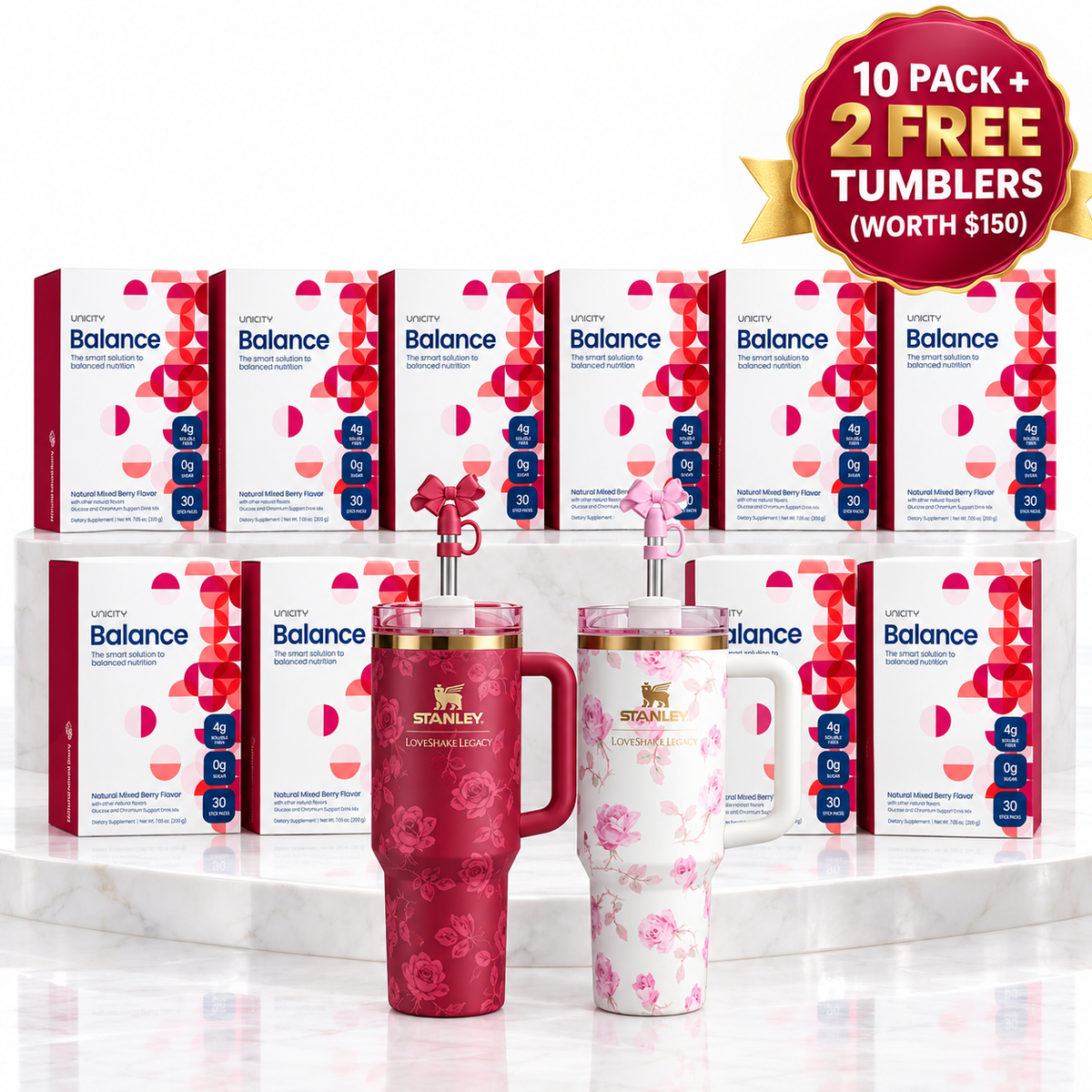 Unicity Balance Daily Fiber Drink Mix – Natural Mixed Berry (10-Box Bulk Supply / 300 Stick Packs)+2Tumblers gift