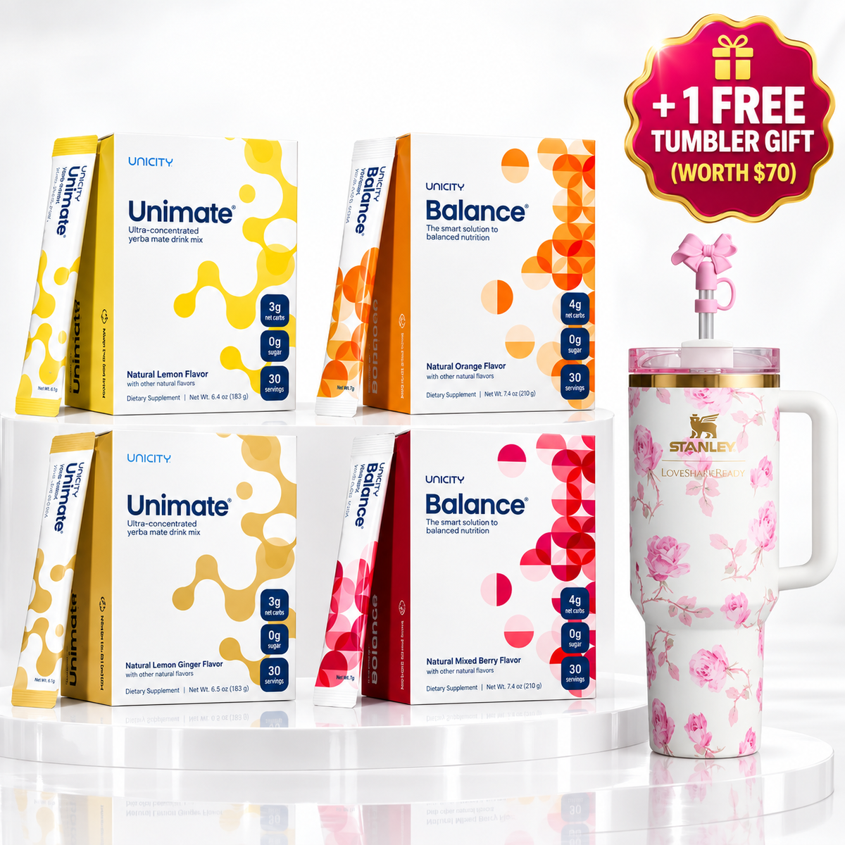 Unicity Complete Ultimate Wellness Bundle – Unimate & Balance 4-Pack Variety System (120 Stick Packs)+1 Tumbler gift