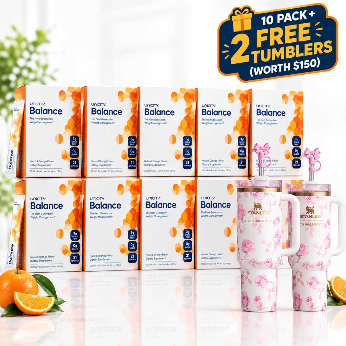 10-Pack Unicity Balance Bundle – 30 Sticks Per Pack | Natural Orange Flavor+2 Tumblers gift