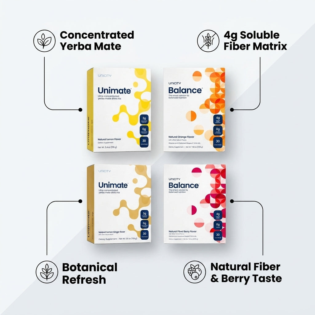 Unicity Complete Ultimate Wellness Bundle – Unimate & Balance 4-Pack Variety System (120 Stick Packs)+1 Tumbler gift