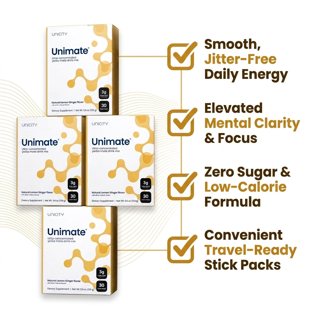 Unicity Unimate Concentrated Yerba Mate Drink Mix – Natural Lemon Ginger (10-Box Bulk Supply / 300 Stick Packs)