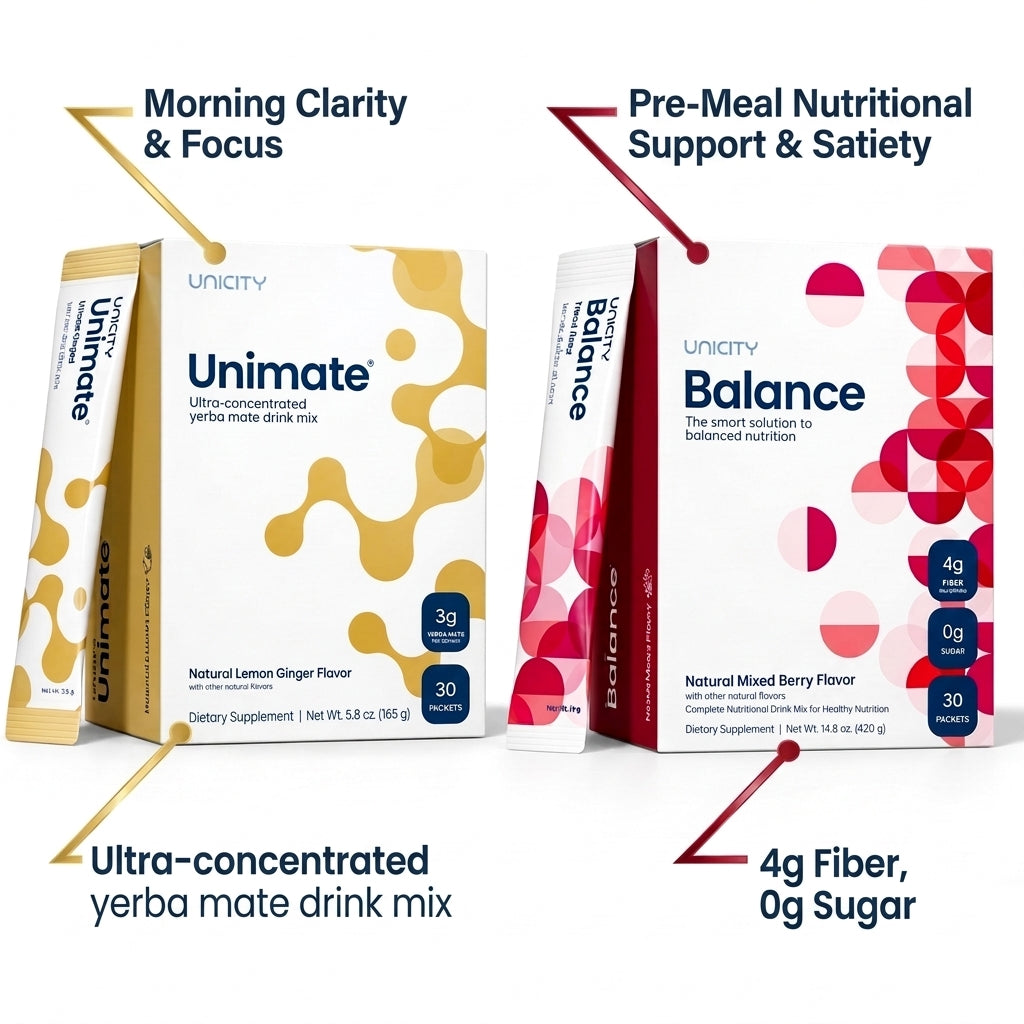 Unicity Essential Wellness System: Unimate Lemon Ginger & Balance Mixed Berry (60 Packets Total)