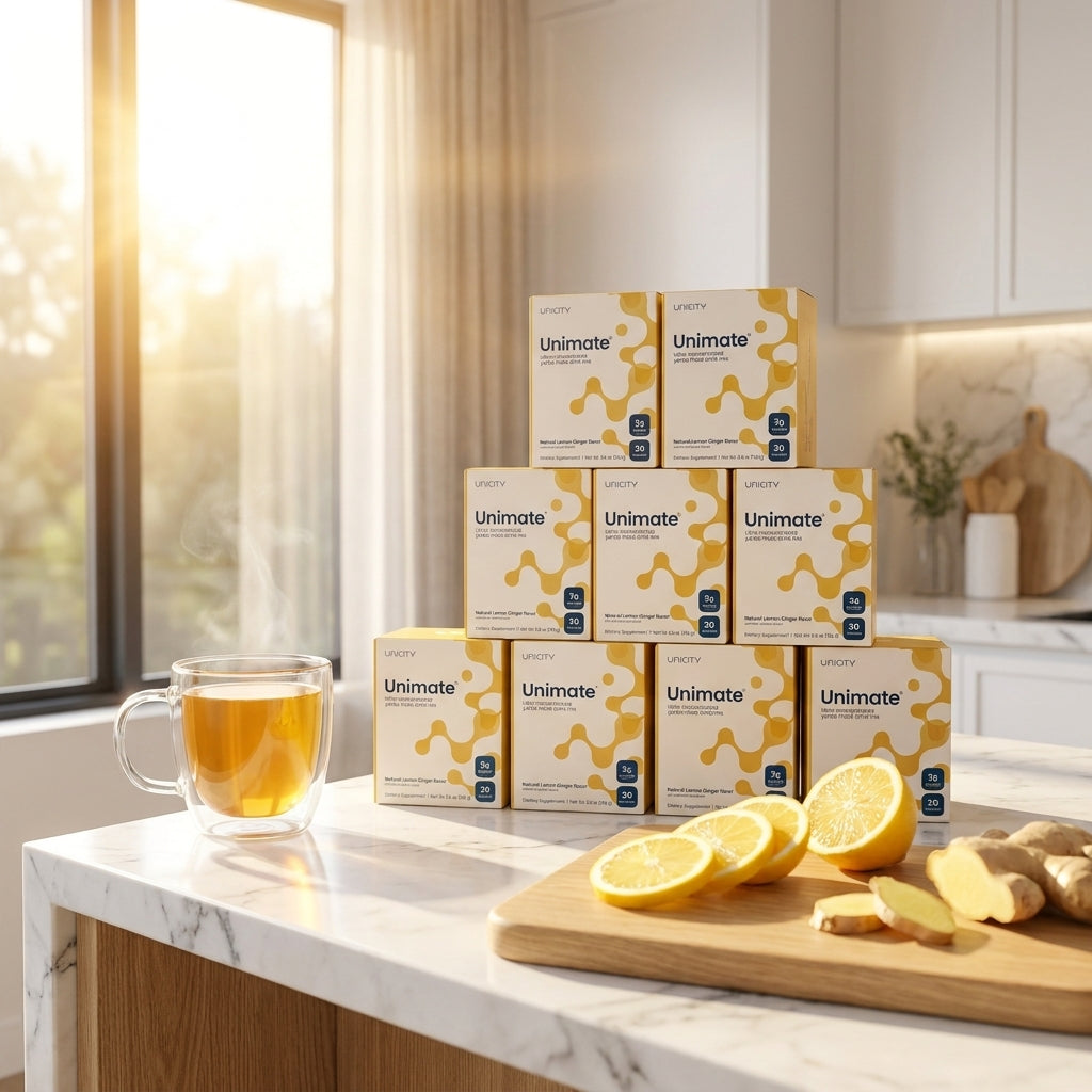 Unicity Unimate Concentrated Yerba Mate Drink Mix – Natural Lemon Ginger (10-Box Bulk Supply / 300 Stick Packs)
