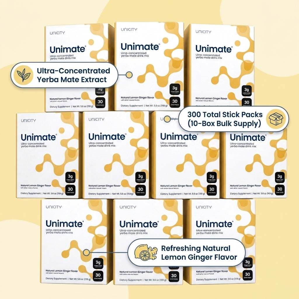 Unicity Unimate Concentrated Yerba Mate Drink Mix – Natural Lemon Ginger (10-Box Bulk Supply / 300 Stick Packs)