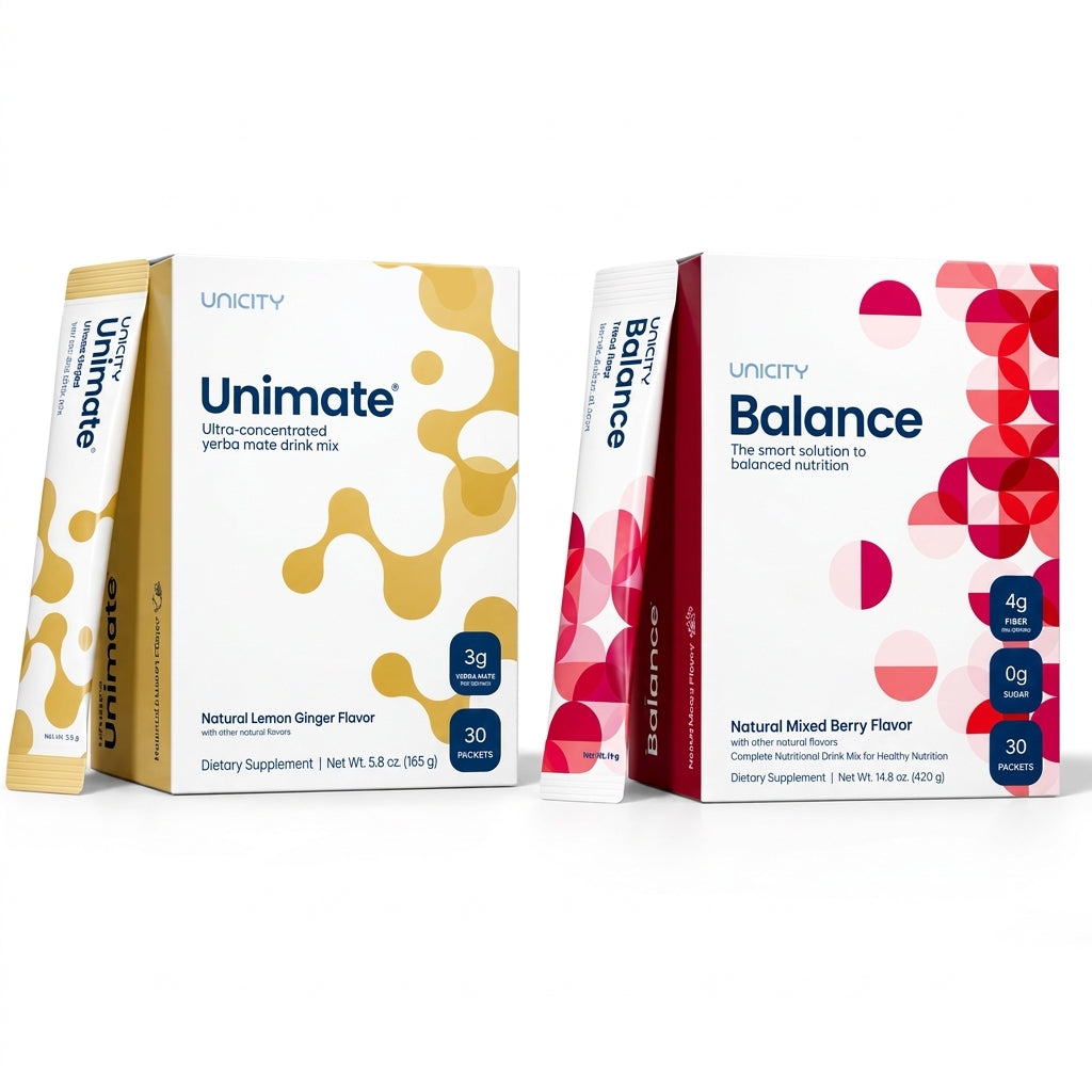 Unicity Essential Wellness System: Unimate Lemon Ginger & Balance Mixed Berry (60 Packets Total)