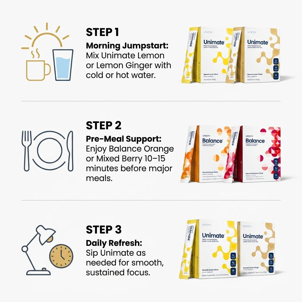 Unicity Complete Ultimate Wellness Bundle – Unimate & Balance 4-Pack Variety System (120 Stick Packs)
