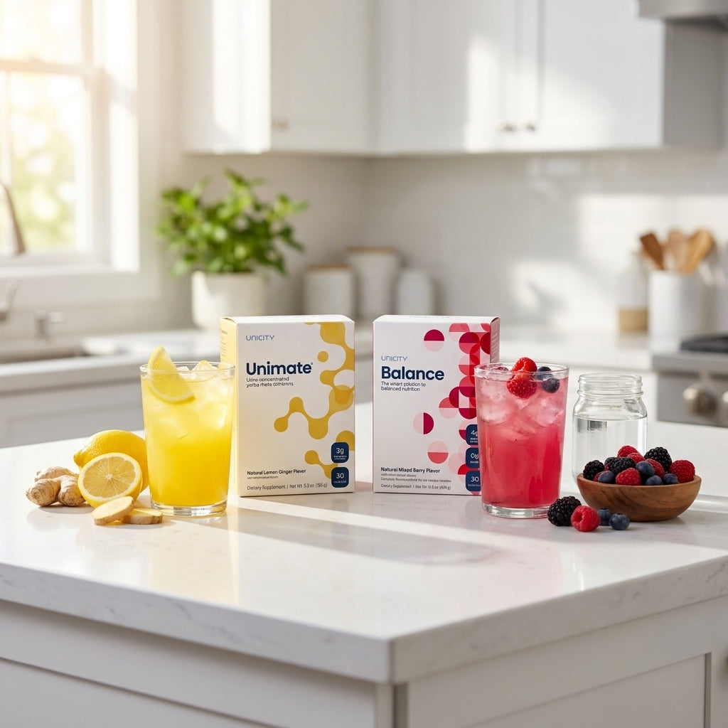 Unicity Essential Wellness System: Unimate Lemon Ginger & Balance Mixed Berry (60 Packets Total)